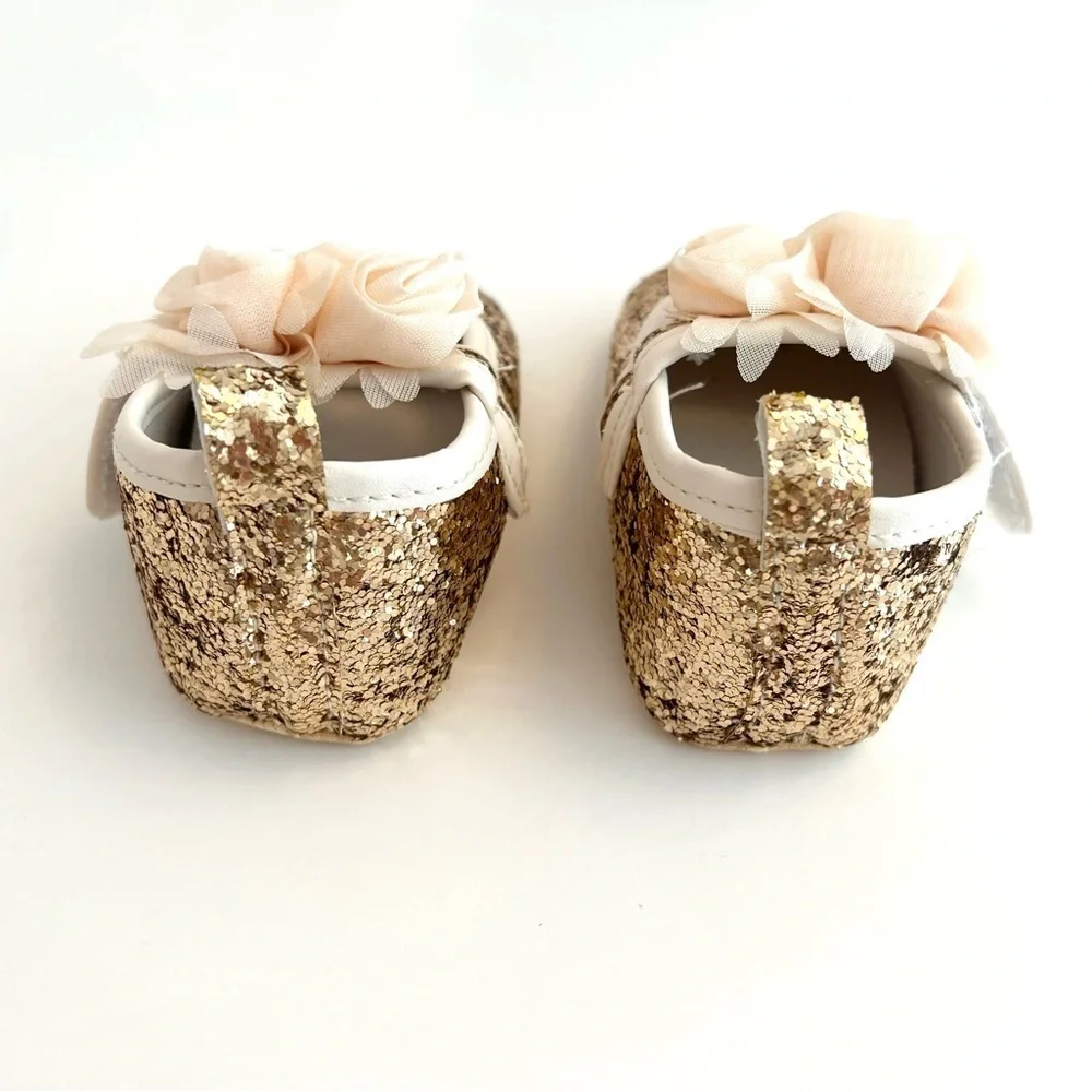 NEW Gold Glitter Baby Dress Shoes w/Floral Accent BABY Size 3 - New Without Tags